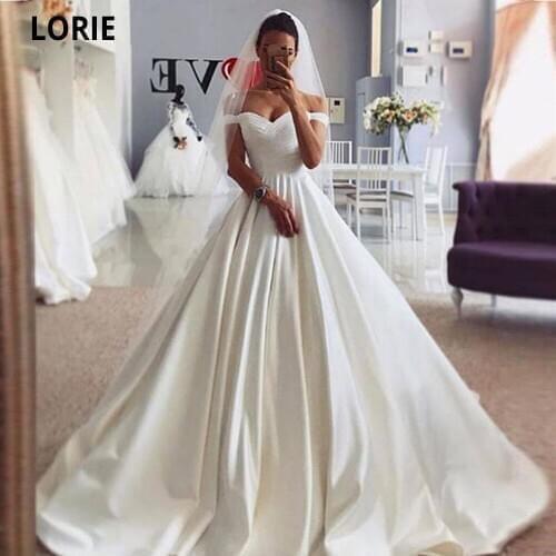 LORIE Simple A-Line Wedding Dresses 2020 Winter Satin Beach Bridal Dress With Lace-up Off The Shoulder V-Neck Princess Gowns