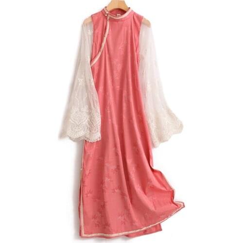 Miaosheng lotus Chinese style improved dress fake two pieces of inverted large sleeve Qipao skirt with silk satin of the