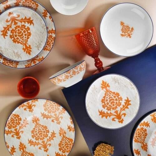 Zeugma 24 Piece Dining Set Orange pattern modern plate serving bowl set tableware banquet team