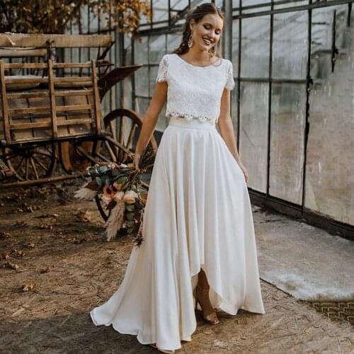 Wholesale Latest Two Pieces Lace Bridal Wedding Dresses Jewel Neck Short Sleeves High Low Skirt Wedding Gowns for Bride 2021
