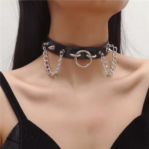 Choker Rivets O Round Metal Chains Leather Collar Bondage Goth Chokers Women Gothic Necklace 2020 New Punk Hiphop Jewelry