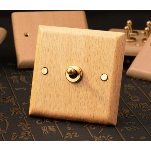 1-4 Gang 2 Way 86 Type Wall Light Toggle Switch Beech Wood Panel Brass Lever Switch EU Socket