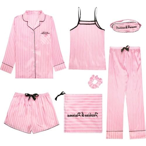 Pink 7 Pieces Womens Pajamas Sets Faux Silk Striped Pyjama Womens Pajamas Sleepwear Sets Spring Summer Homewear