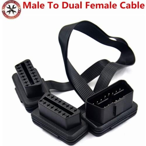 Flat+Thin 16Pin OBD 2 Extender OBD2 16 Pin ELM327 Male To Dual Female Y Splitter Elbow OBDII Extension Connector Cable In Stock
