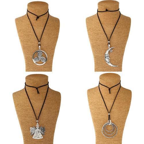 1PCS Antique Large Moon Face/ Triskele Triskelion/Round/Angle Wings Charm Pendant Long Suede Leather Necklace Lagenlook