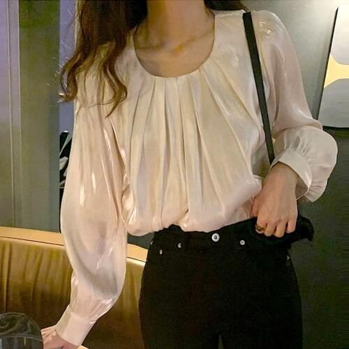 Chic Glossy Pleated Design Loose Women Blouse Autumn Elegant Long Sleeve Shirts O-neck All-match Femme Blusas