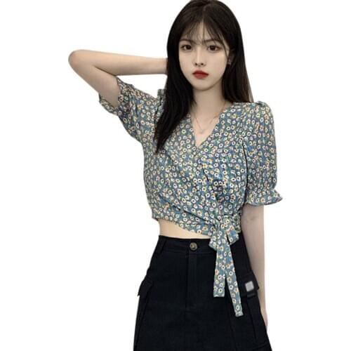 Chic Puff Sleeve V-neck Shirt Women High Waist Slim Korean Style Floral Print Chiffon Blouses