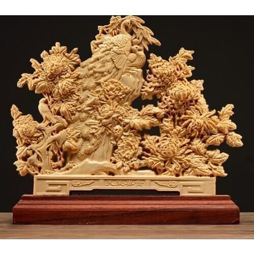 Peacocks peony Sculpture 21CM Wood Carving Double Sided Carved Hollow Home Decor wood Figurines Arts and Crafts