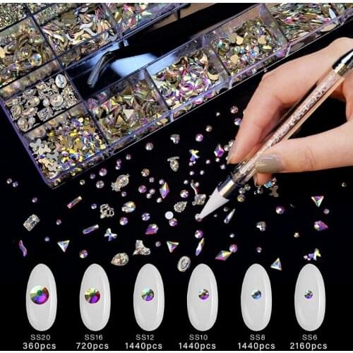 Nail Art 12 Grid Disc Box Mixed Ornament Alloy Diamond 3D Luxury Diamond Nail Rhinestone Metal Piece Arc Heart Jewelry