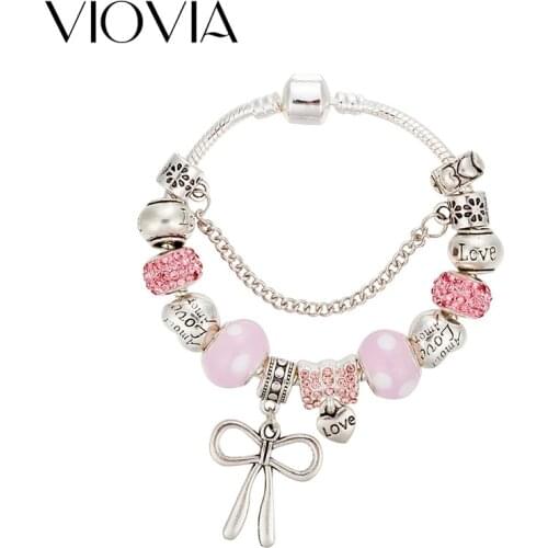VIOVIA 2019 New Arrival Pink Murano Grass Bead Charm Bracelets For Women Bowknot Bracelets & Bangles Girl Gifts Pulseras B17083