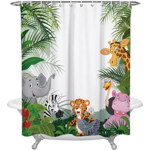 Jungle Animal Cartoon Giraffe Elephant Shower Curtain Home Bath Decorative Waterproof Polyester Fabric Bathroom Curtain