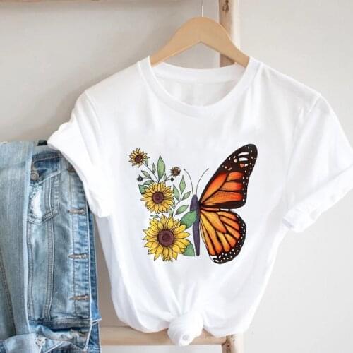 2021 Summer Oversized Womens T-shirt Aesthetic Butterfly Pattern T-shirt Womens Fashion Retro Top White Korean Short Sleeve