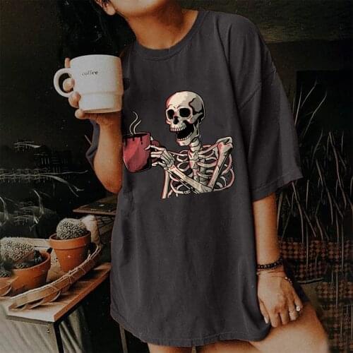 Funny Tea-drinking Skull Skeleton Print Shirt for Women Drop Shoulder Summer T Shirt 2021 Casual Round Neck Loose Tops Clothes