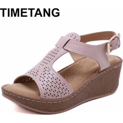 TIMETANG Summer Shoes Woman Sandals Hollow Round Toe Ladies Sandals Floral Ankle Beach Shoes Soft Bottom Sandalia Feminina Plus