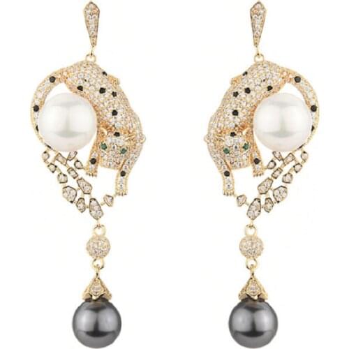 Fashion Leopard Panther Dangle Earring With Simulated Pearl AAA Zircon S925 Ear Pin Women Wedding Jewelry