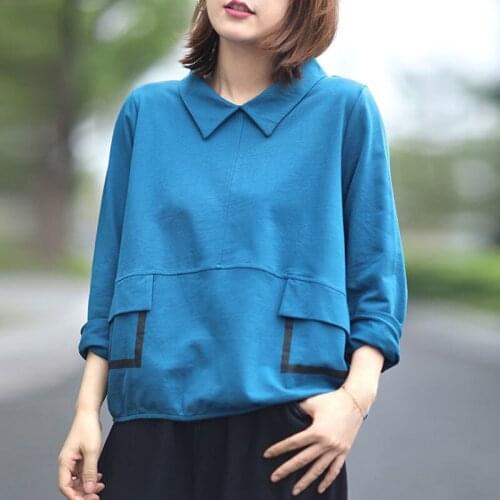 Blue Sweatshirt 2021 Autumn New Leisure Pocket Turn-down Collar Long Sleeve Cotton Pullover Simple Fashion Women Hoodies Tops