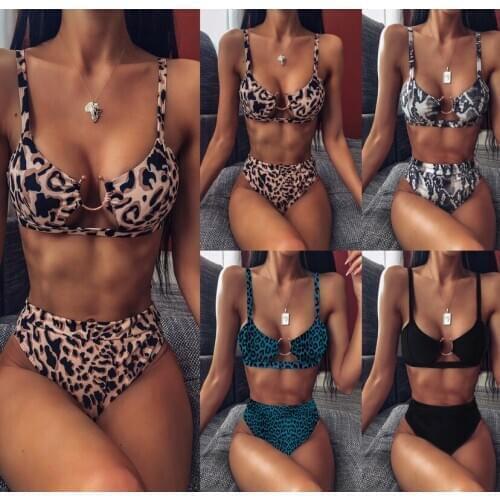 2020 European and American Hot Selling Two-Piece Swimsuits Womens Leopard Sexy Bikini Holiday New Gathered Swimsuit Bikini