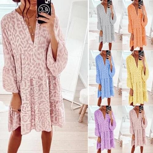 2021 Summer Long Sleeve Party Dress Fashion Elegant V Neck Collar Lady Print Dress Spring Casual Women Loose Long Dresses