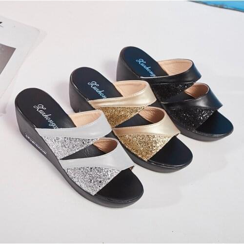 2021 Summer Leather Women Wedge Sandals Female Soft Bottom Casual Slippers Woman Open Toe flip flops Slip On Shoes Plus Size