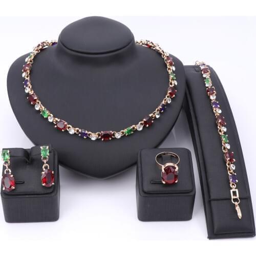 African Jewelry Charm Necklace Earrings Dubai Gold Jewelry Sets for Women Bridal Bracelet Ring Crystal Zircon Jewelry Set