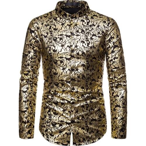 Shiny Gold Floral Print Tuxedo Shirt Men Slim Fit Mandarin Collar Dress Shirts Men Party Wedding Baroque Shirt Chemise Homme