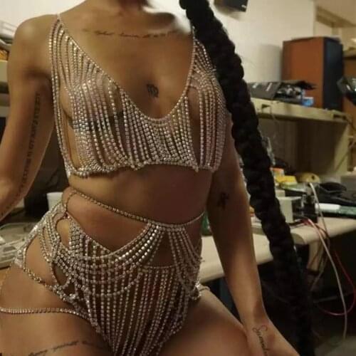 Shining Crystal Bra waist chain Body Chain Lingerine Jewlery for Women Sexy Mesh Rhinestone Leotard Bikini Body Chain Nightclub