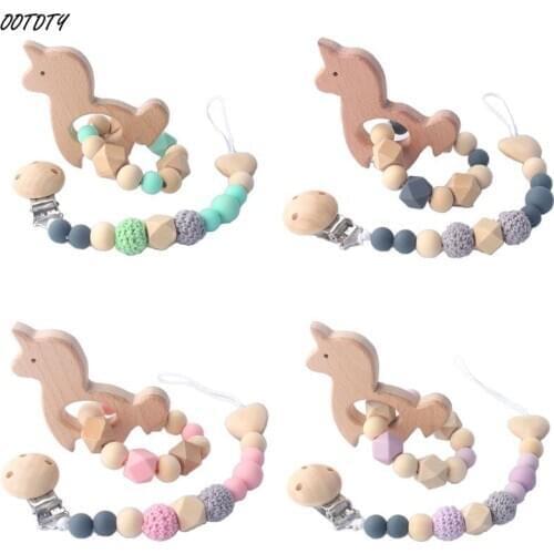 2Pcs/set Wood Baby Teeth Chew Toys Silicone Nipple Chain Teething Bracelet Crochet Beads Pacifier Clips Toddlers Chewable Toy