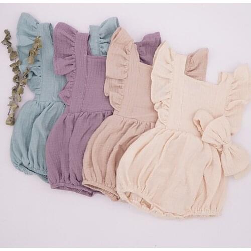 Cotton Linen Baby Girl Clothes Summer New Gauze Kids Ruffle Romper Jumpsuit Headband Dusty Pink Playsuit For Newborn 3M
