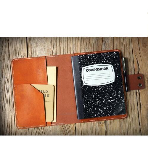 Brown vegetable tanned leather composition notebook book cover case / black leather cover portfolio for composition notebook