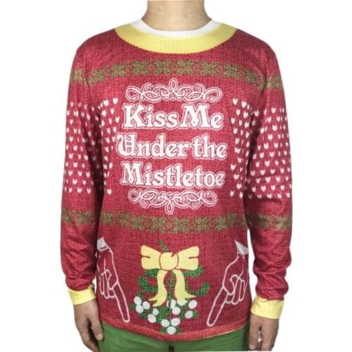 Tacky Kiss Me Under the Mistletoe Ugly Chritmas T Shirt for Men Offensive Mens 3D Print Long Sleeve Ugly Xmas Party Tshirts