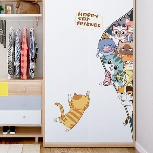 Kawaii Home Decor Wall Sticker Kitten Animal Door Sticker Teen Childrens Room Decoration Bedroom Vinyl Wallpaper Self Adhesive