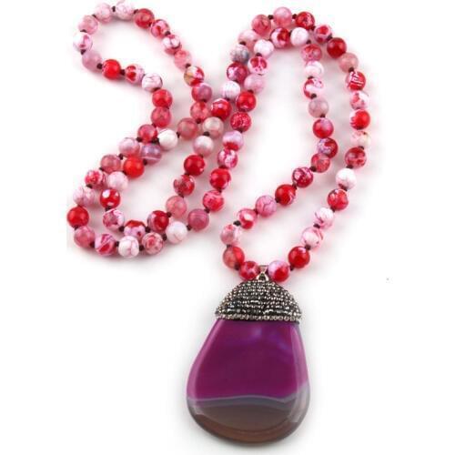 Fashion Natural Stone Knotted Crystal Pave Stones Pendant Necklaces Women Ethnic Necklace