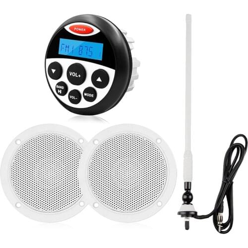 Marine Boat Radio Stereo Audio Bluetooth Receiver+1 Pair 4" Marine Waterproof Speaker+FM AM Antenna For ATV Golf Cart Motorcycle