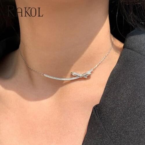 RAKOL New Fashion Romantic Butterfly Bowknot Cubic Zirconia Pendant Necklaces for Girl Women Causal Dress Simple Jewelry NP2073