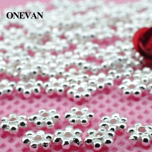 ONEVAN 100% 925 Sterling Silver Flower Charm Accessories Smooth Loose Round Beads Diy Bracelet Necklace Jewelry Making Design
