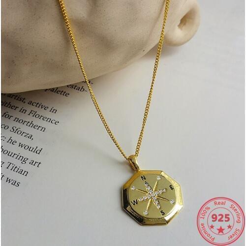 925 Silver Creative Designer Compass Pendant Choker Necklace Womens Fashion Jewelry