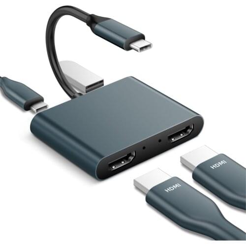 USB C to Dual HDMI Adapter 4K Switch Splitter Type-C Hub 4 in 1 to Dual HDMI PD Charge Compatible with MAC OS, Windows, Android
