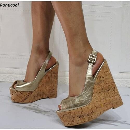 Ronticool Handmade Women Slingback Sandals Crackle Pattern Sexy Wedges High Heels Peep Toe 3 Colors Daily Shoes Size 45 47 49 52