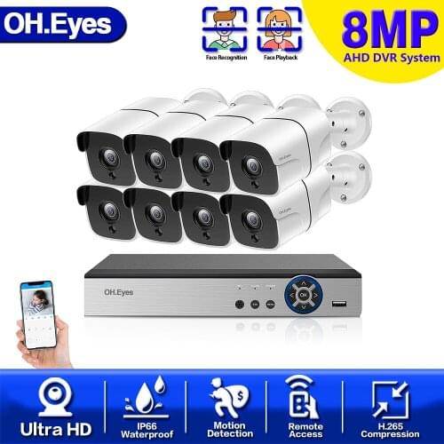 OH.eyes 4K CCTV 8CH Hybrid DVR Video Surveillance System 8MP AHD Camera Kit Day & Night AHD Dome Camera Kit VGA HDMI Output