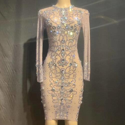 Shining Diamonds Long Sleeve Women Dresses Mesh Perspective Tight Elastic Short Dresses DJ Singer Dance Stage Wear Party Costume