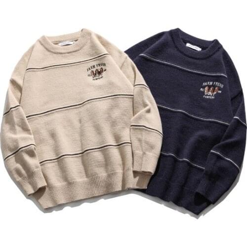 Embroidery small fresh stripes Hong Kong wind loose sweater bf Korean sweater for men and women Autumn and Winter College