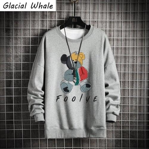 GlacialWhale Crewneck Sweatshirt Men 2021 Autumn Hip hop Bear Graphic Streetwear Sweatshirt Harajuku Oversized Gray Hoodie Men