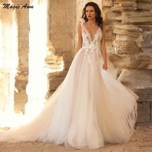 Magic Awn Boho Princess Wedding Dresses 2021 Lace Appliques Illusion Country Mariage Gowns Sleeveless Vestidos De Novia
