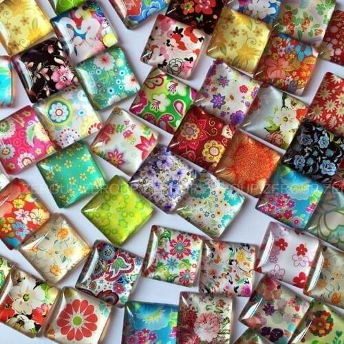 ZEROUP 50pcs/lot 10-15mm clear square glass cabochon floscule pattern mixed color fit cameo base setting TP-020-S