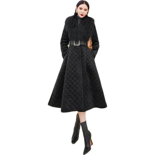 Winter Jackets Women Wool Fur Collar Thick Warmth Cotton Coats 2020 New Fashion Noble Long Black Parkas Send Belt Feminina JD988