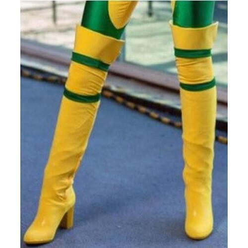 Yellow Green Bright Contrast Color Woman Leather Patched Thigh Botas Med Heels Over knee Ladies Round toe Knight Long Boots