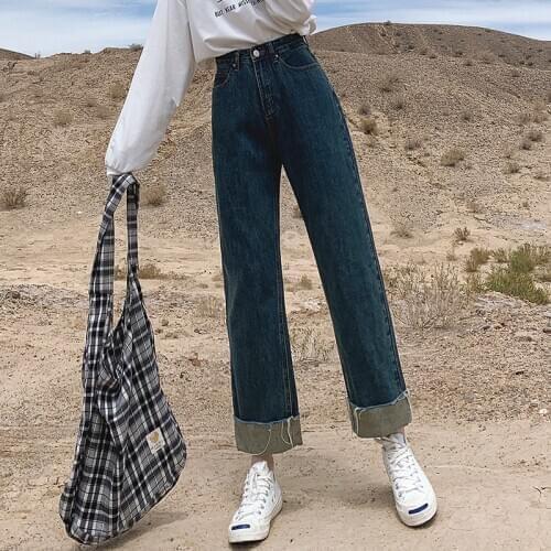 Women High Waist Drop Jeans Wide Leg Loose Straight Pants Summer Ladies Sty Blue Demin Trousers