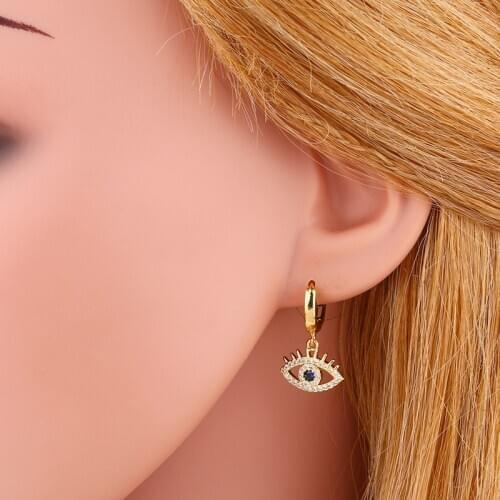 Small Blue Evil Eyes Paved Clear CZ Drop Earrings For Women Crystal Zirconia Hoop Earrings Statement Jewelry Wedding Gift 2021