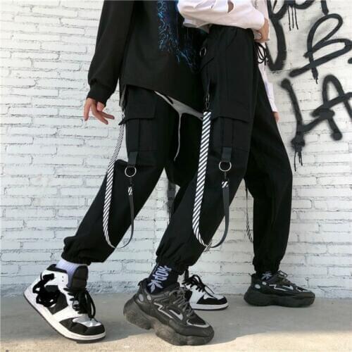 Cargo Pants Womens Loose Harajuku Pants Ribbons Hip Hop Korean Joggers Straight Beam Feet Casual Trousers Men/Women Sweatpants