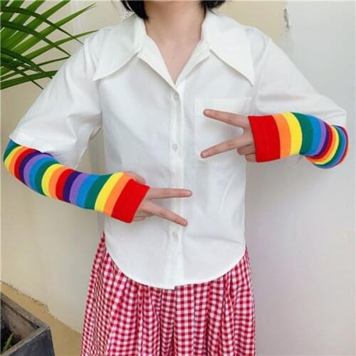 Women Girl Harajuku Elbow Length Fingerless Arm Sleeve Warmer Rainbow Colored Striped Knitted Sunscreen Halloween Costume